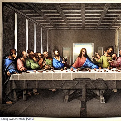 Image similar to x - ray imaging photograph of the last supper by leonardo da vinci