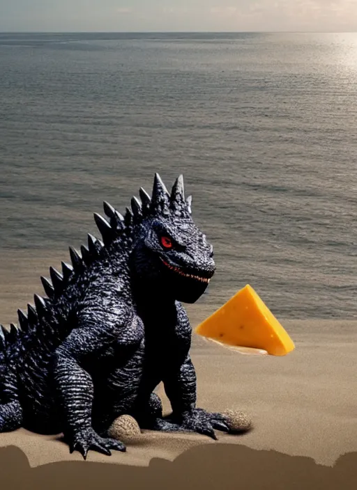 Image similar to godzilla as cheese on the sand of a beach