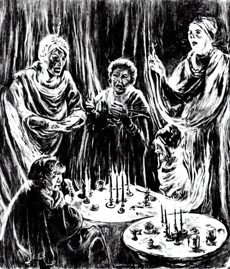 Prompt: a seance conducted by two old women, candle light, ghosts, ominous, by federico fellini