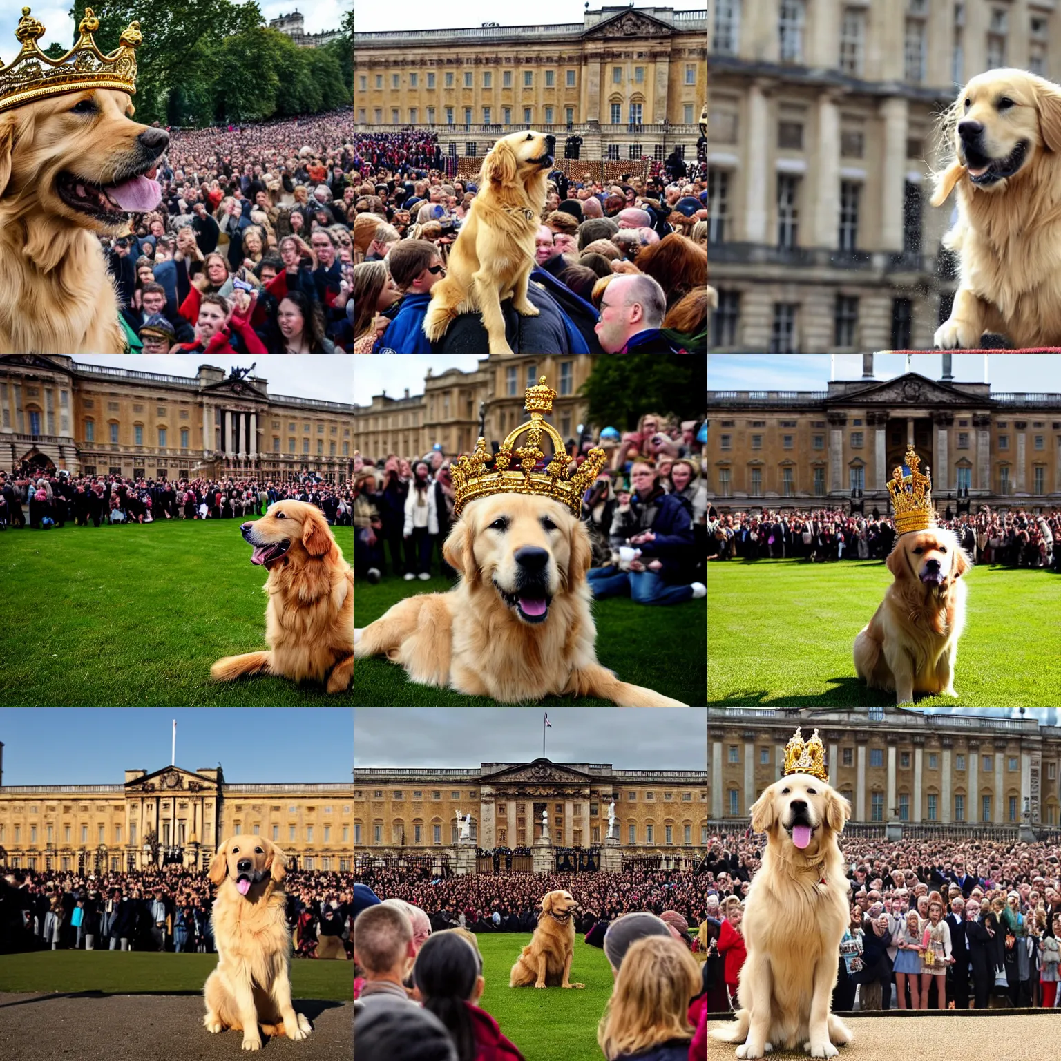 Image similar to national geographic photo of a golden retriever wearing a crown being hailed as the new king of England by a crowd of people at Buckingham palace in the background