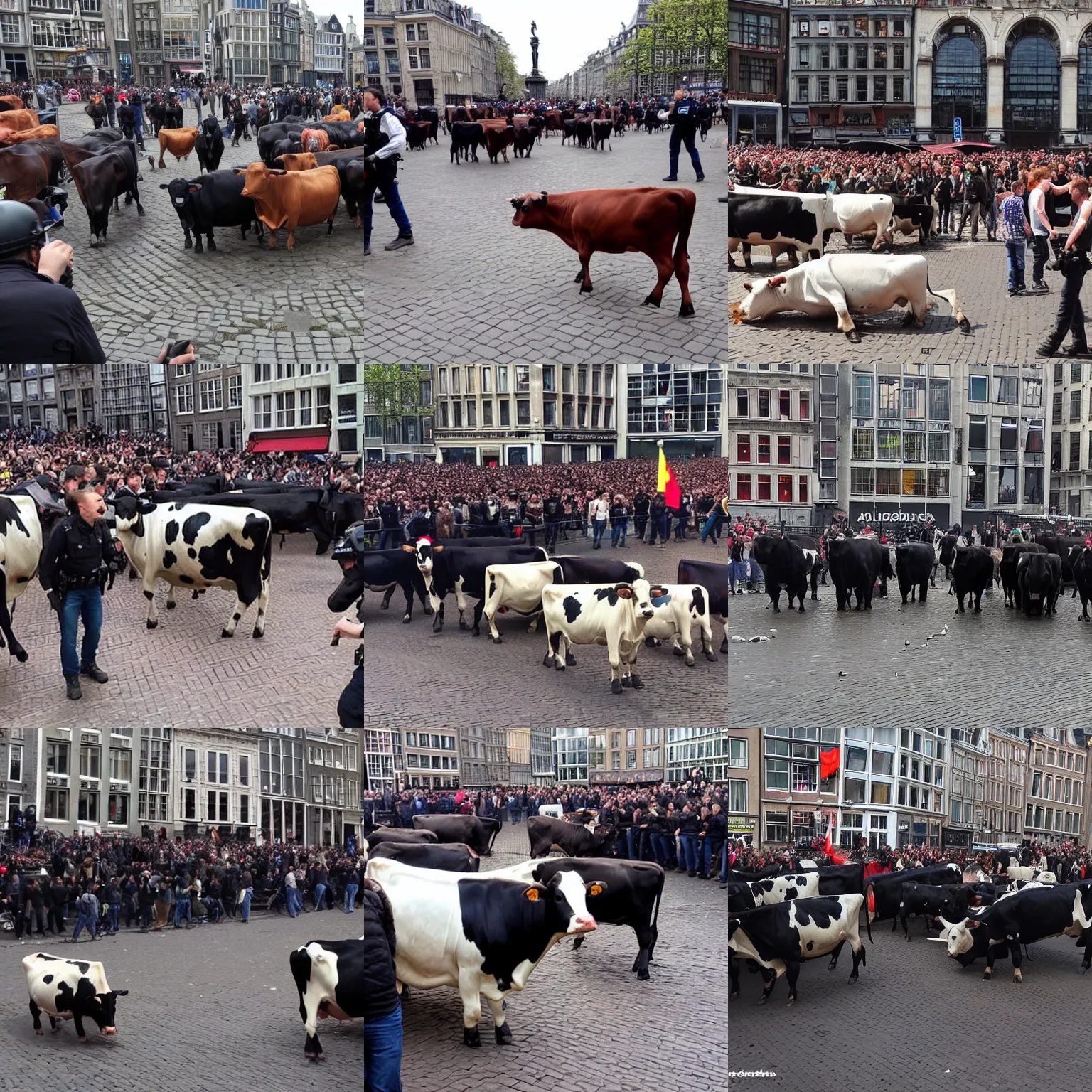 Prompt: cows rioting with police on dam square amsterdam