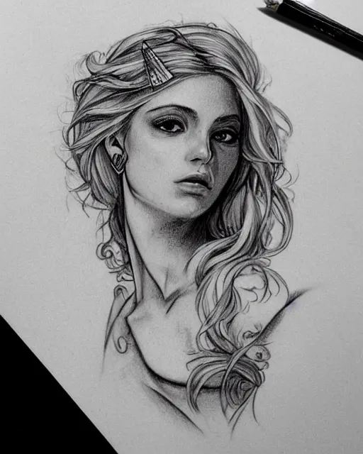 Image similar to tattoo sketch of beautiful greek goddess aphrodite with arrowhead earrings, beautiful piercing eyes, flowing blonde hair, realistic face, hyper realistic, in the style of greg rutkowski, fantasy, amazing detail, epic, intricate, elegant, smooth, sharp focus