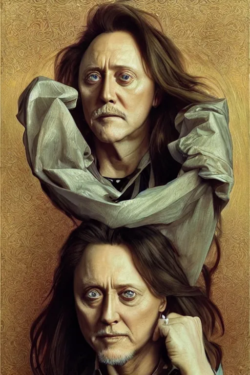 Prompt: portrait of christopher walken with a pierced eyebrow and goatee, high quality painting by artgerm and greg rutkowski and alphonse mucha