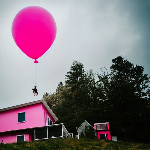 Image similar to a 5 0 mm lens photograph of a cute pink floating modern house, floating in the air between clouds, inspired by the movie up, held up from above by heart ballons. mist, playful composition canon, nikon, award winning, photo of the year