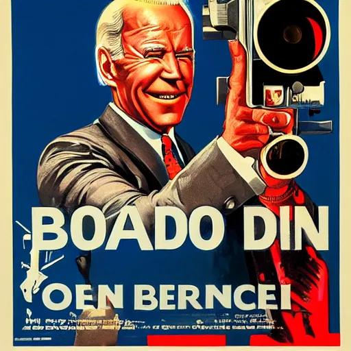 Image similar to propaganda poster of joe biden pointing gun directly at camera in james bond movie, closeup of gun, visible barrel and grip by j. c. leyendecker, bosch, lisa frank, jon mcnaughton, and beksinski