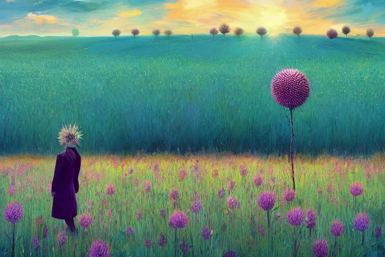 Image similar to giant thistle head, girl in suit in field of flowers, surreal photography, sunrise, blue sky, dramatic light, impressionist painting, digital painting, artstation, simon stalenhag