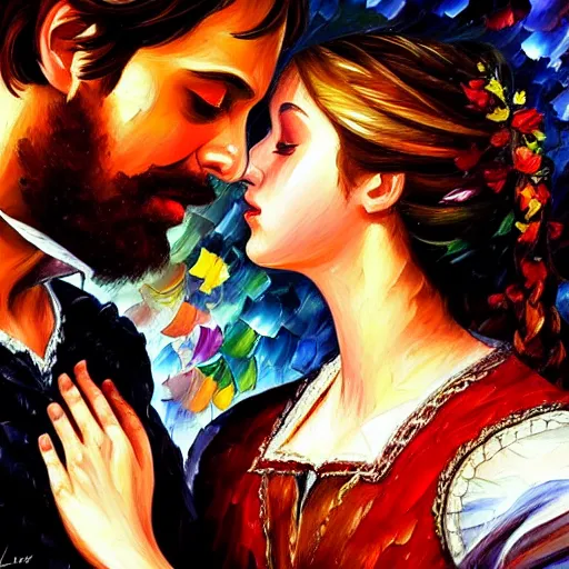 Image similar to highly detailed painting of shakespeare's romeo and juliet, last scene. intricate, high quality oil painting artstyle, in the style of leonid afremov, deviantart, figurative art, deviantart, ilya kuvshinov, lovecraftian, very detailed face, portrait