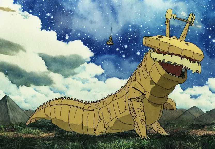 Image similar to a hyperrealist watercolor concept art from a studio ghibli film showing a giant beige mechanized crocodile from howl's moving castle ( 2 0 0 4 ). a pyramid is under construction in the background, in the rainforest on a misty and starry night. by studio ghibli