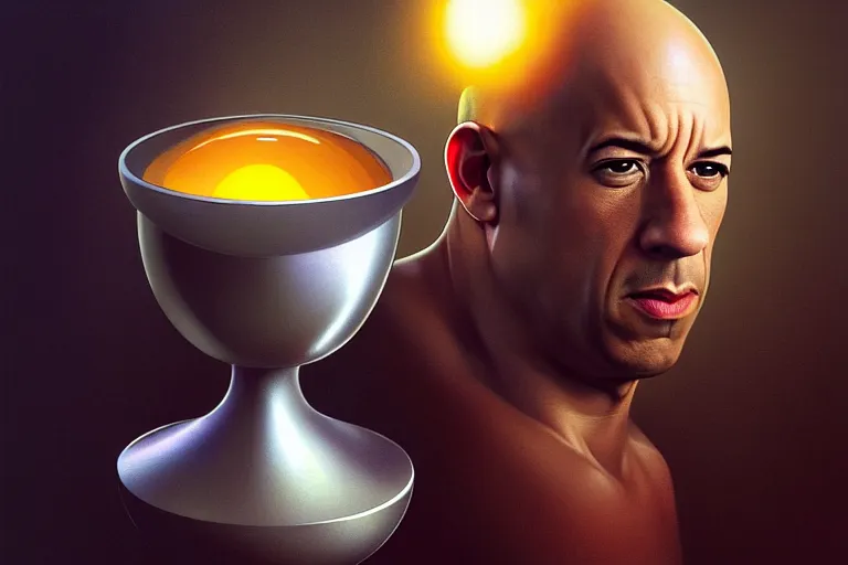 Image similar to an egg in an egg cup, silver egg cup, head is an egg, head is vin diesel, hyper detailed, digital art, cinematic lighting, studio quality, by boris vallejo, android jones, artgerm, caravaggio