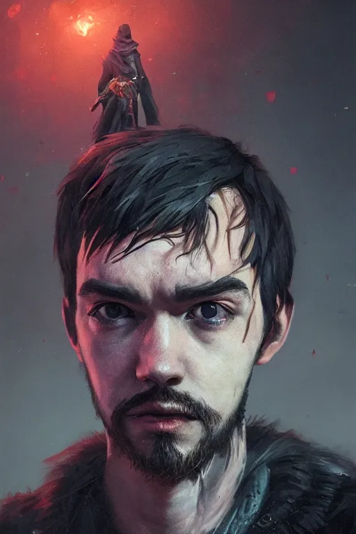 Image similar to a fancy portrait of jacksepticeye by Greg Rutkowski, Sung Choi, Mitchell Mohrhauser, Maciej Kuciara, Johnson Ting, Maxim Verehin, Peter Konig, Bloodborne, macro lens, 8k photorealistic, cinematic lighting, HD, high details, atmospheric,