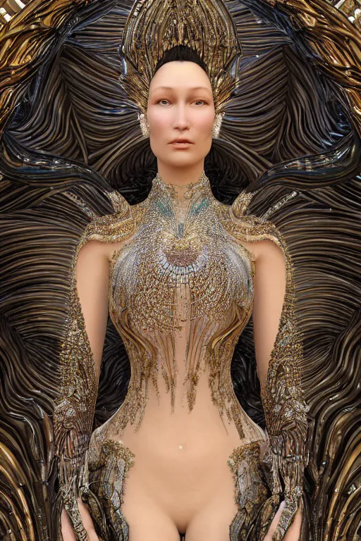 Image similar to a highly detailed metahuman 4 k close up render of an alien goddess bella hadid as kleopatra in iris van herpen dress schiaparelli in diamonds crystals swarovski and jewelry in style of alphonse mucha gustav klimt trending on artstation made in unreal engine 4