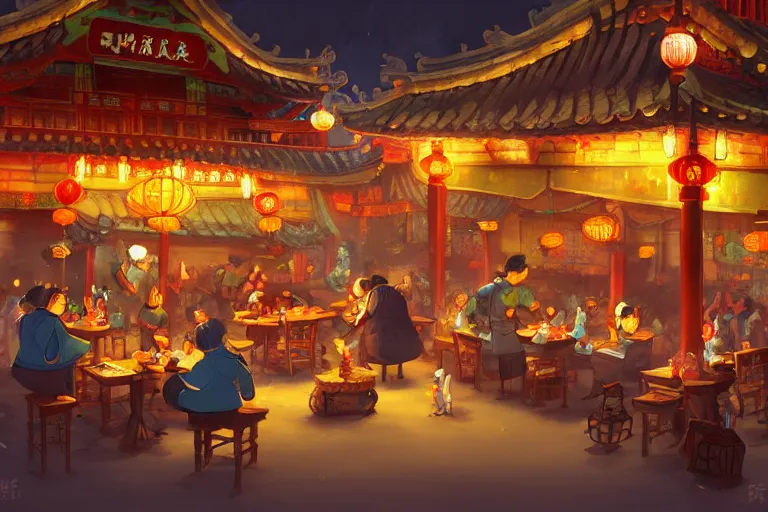 Image similar to fantasy art of a bustling tavern in china, at night, by cory loftis, highly detailed digital art, trending on artstation