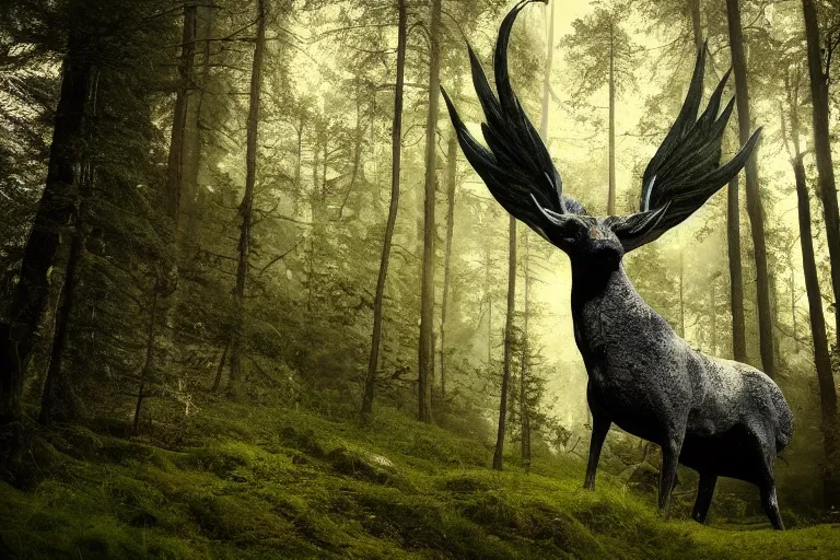 Image similar to mythological creature standing in a swedish forest very low angle photograph trending on artstation