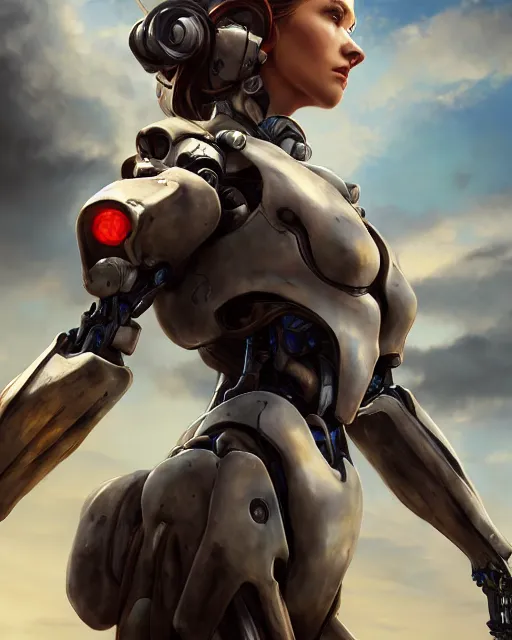 Image similar to daniel gerhartz and artgerm portrait digital rococo painting of a beautiful serious woman wearing a mecha suit, war torn battlefield in the background, unreal engine, hyper realism, realistic shading, cinematic composition, blender render, octane render, hdr, detailed textures, photorealistic, ultrawide shot, 3 5 mm film