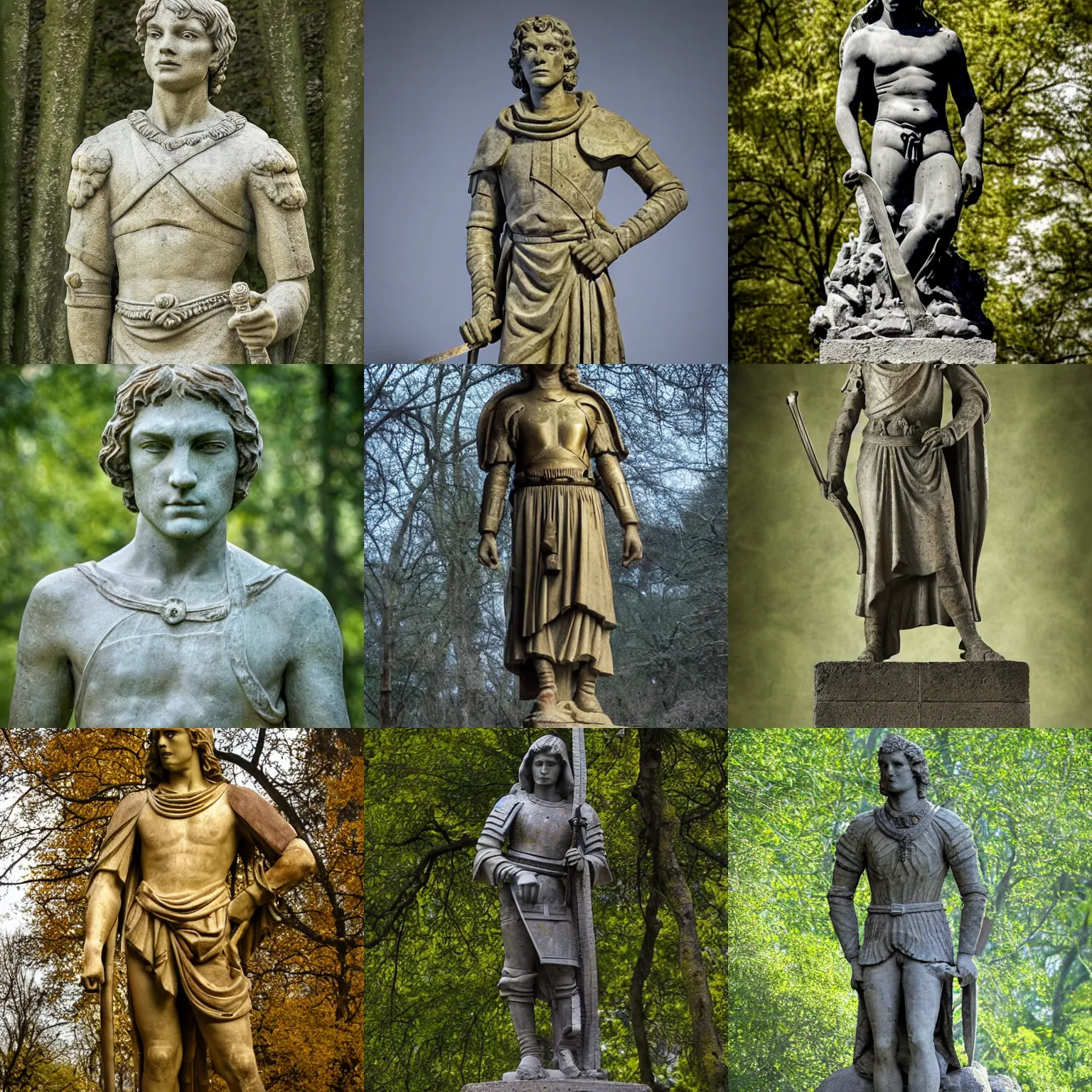 Prompt: stone statue of a twentisomething, young, handsome, 1 1 th century hungarian prince ( looks like dougray scott ), dressed in a [ [ 1 2 th century, golden armor with a sword ] ], ( ( ( in a dark, ancient, mystical, fairy forrest ) ) ) by donatello and michelangelo, award winning photo by ian david soar