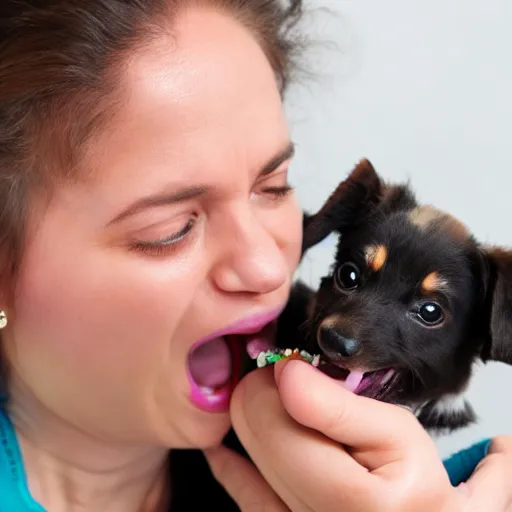 Prompt: photo of person with mouth open with tiny miniature puppy inside mouth