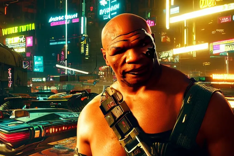 Prompt: mike tyson in cyberpunk 2 0 7 7