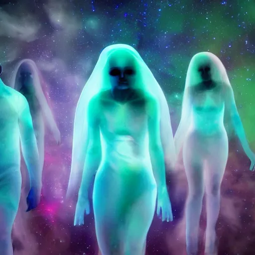 Image similar to ghost people on starship, nebula, colorful, clear