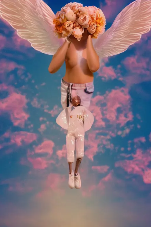 Image similar to milky crystal quartz eyeballs with wings. peach roses, background heavenly sky by basquiat, Trending on artstation. halo. octane render, cinematic, hyper realism, octane render, 8k, depth of field, 3D