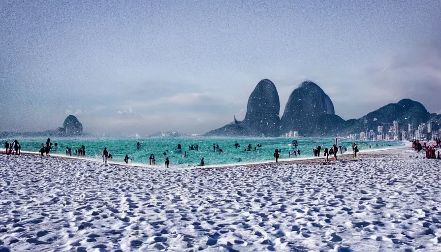 Prompt: the city of rio de janeiro covered in snow, view from copacabana beach, winter photograph, snowing, 4 k, award winning photograph, beautiful, trending on instagram