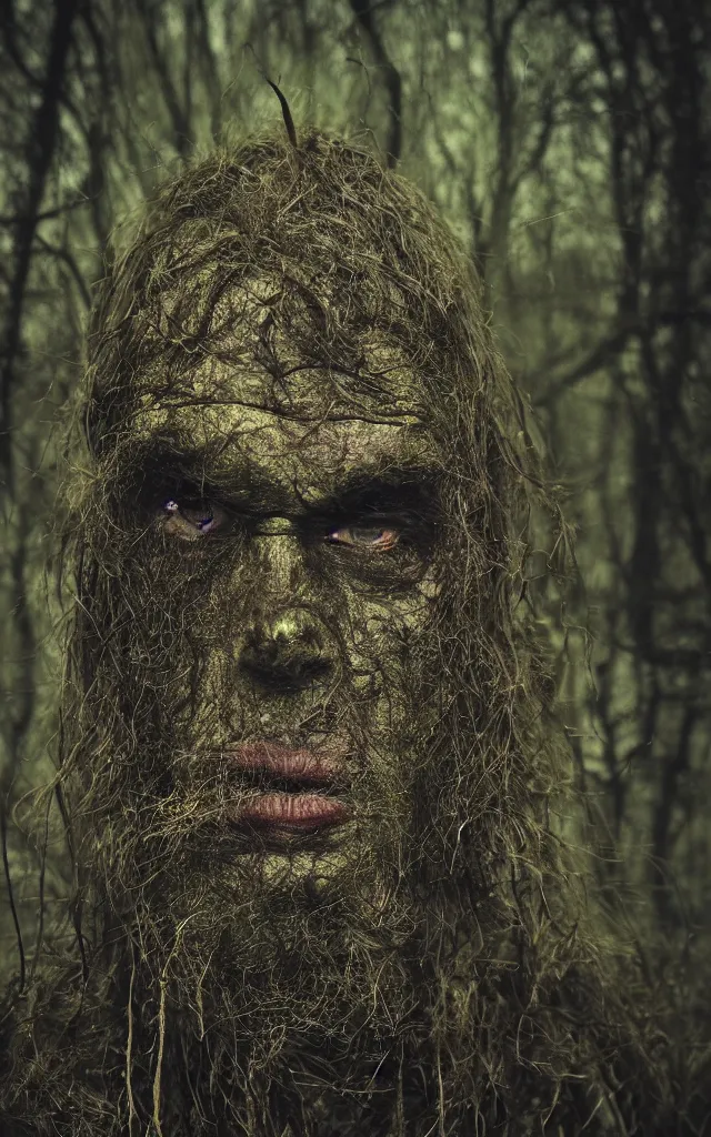 Prompt: a portrait of a swamp monster in a wooded bog at night, cinematic, wildlife photography, moody lighting