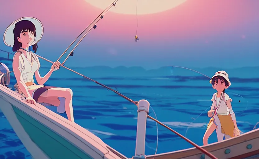 Image similar to a movie still from a space opera studio ghibli animation of a cute woman on a fishing boat wearing a sunhat, studio ghibli, pixar and disney animation, sharp, rendered in unreal engine 5, anime key art by artgerm and pascale campion, beautiful dramatic lighting