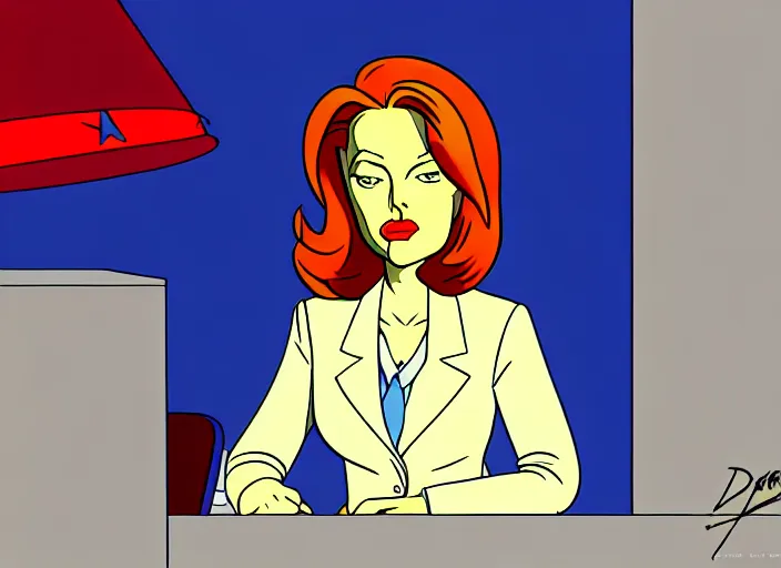 Image similar to dana scully on the x - files : the animated series, shaded animation cel, animation model, sharp detail, animation cel, thin linework, in the style of don bluth, bruce timm, alex toth, filmation, toei animation, studio trigger, 5 k, hd