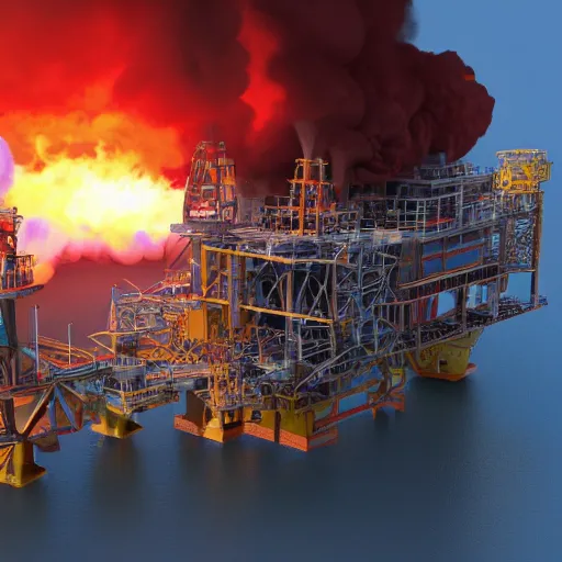 Image similar to oil platform, huge explosion with, vray, pathtracing