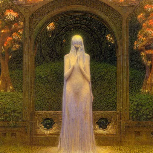 Prompt: a portal in a mysterious garden filled with spherical plants, artwork by jean delville, trending on art station