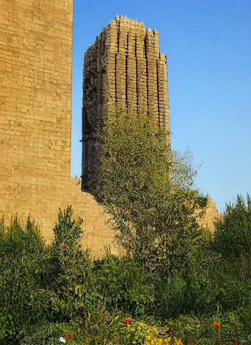 Prompt: colored photo, the tower of babylon, garden, brutalist
