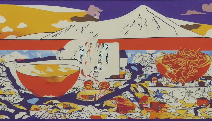 Image similar to award winning graphic design poster, cutouts constructing an contemporary art depicting a colossal ramen bowl in the foreground, rural splendor and a mountain range isolated on white, a single Mount Fuji in the distant horizon, ramen bowl containing bountiful crafts, local foods, in the style of edgy and eccentric abstract cubist realism, items composition confined and isolated on white, mixed media painting by Leslie David and Lisa Frank for juxtapose magazine