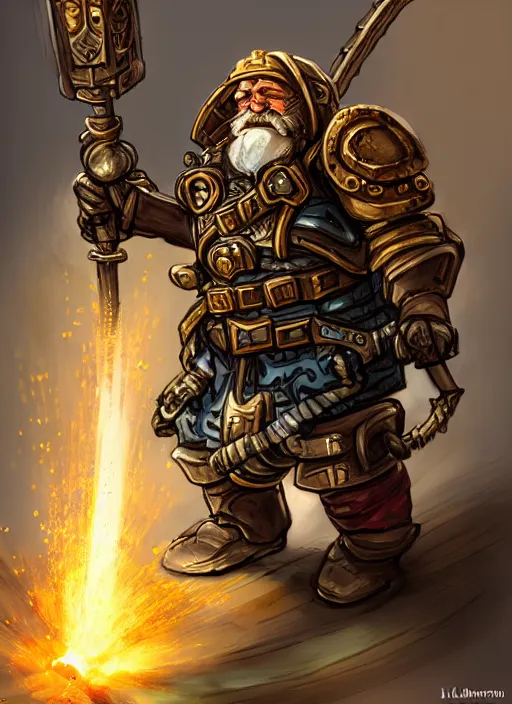 Prompt: a dwarf artificer holding a musket and riding on a giant robot, robot, golem, steampunk, fantasy art, chinese fantasy, dungeons and dragons, tabletop rpg, ghostblade, wlop.