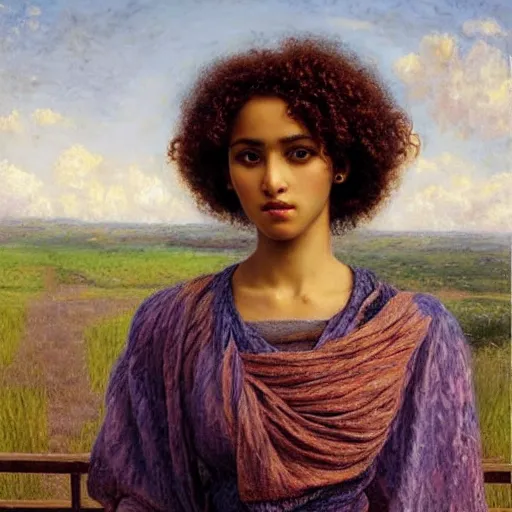 Prompt: somali woman with curly hair, fedosenko roman, j. w. godward, jose miguel roman frances, intricate details, solid color backdrop, countryside, dreamy, impressionist, figurative