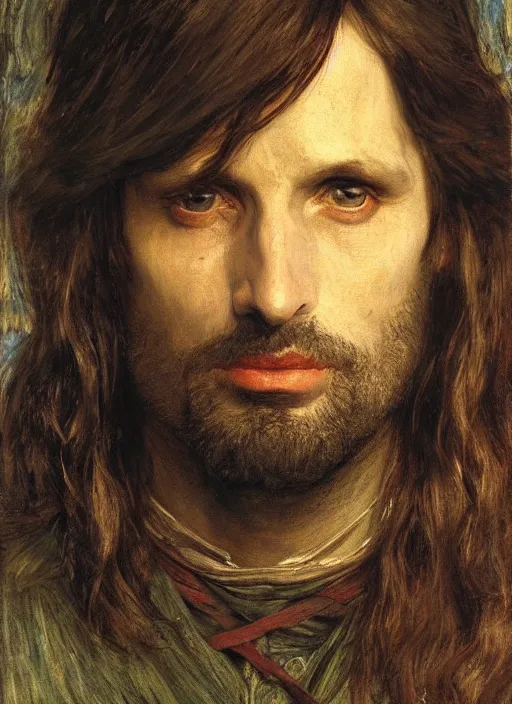 Image similar to a beautiful painting of aragorn by John Everett Millais and Dante Gabriel Rossetti and John Collier and john william waterhouse, pre-raphaelite, detailed, trending on artstation, hd, masterpiece