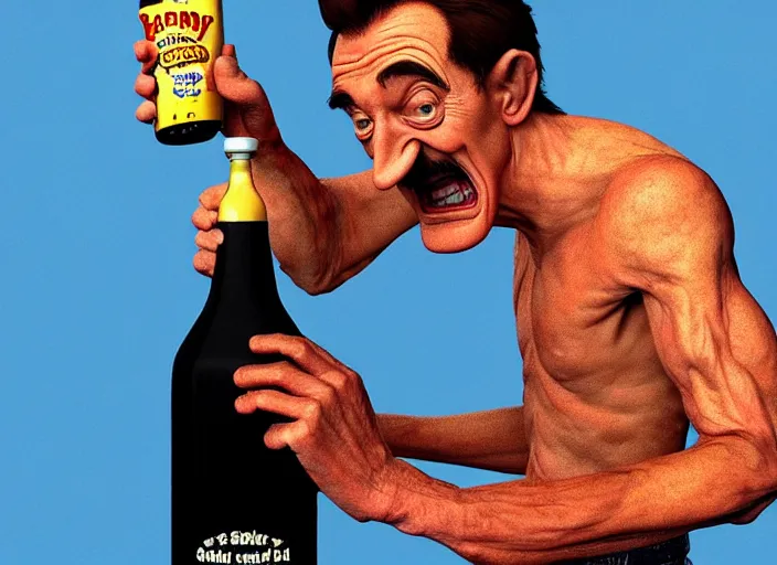 Image similar to barry chuckle chugging a bottle of snake oil, artwork by richard corben, 3 d, high resolution 8 k