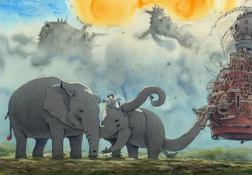 Image similar to a hyperrealist watercolor concept art from a studio ghibli film showing a giant grey lovecraftian mechanized elephant from howl's moving castle ( 2 0 0 4 ). a hindu is under construction in the background, in india on a misty and starry night. by studio ghibli. very dull muted colors