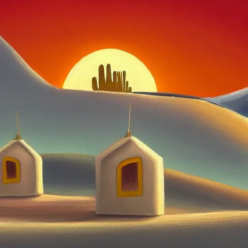 Prompt: a beautiful painting of a village in the desert, white houses, two suns, star wars style