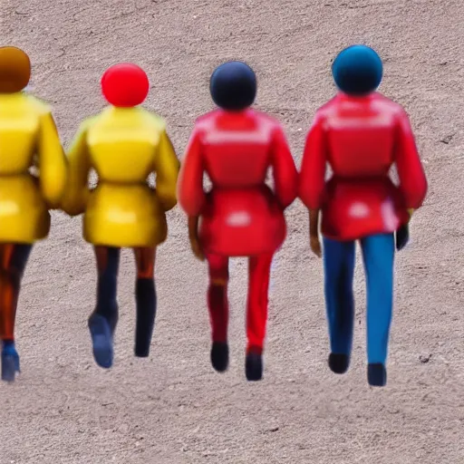 Prompt: up close full body image of 5 friends on dusty Mars soil in the future walking together all wearing stylish high fashion futuristic clothing picture taken with 5 mm camera nokia, intricate, ultra HD, super detailed, realistic, award-winning picture