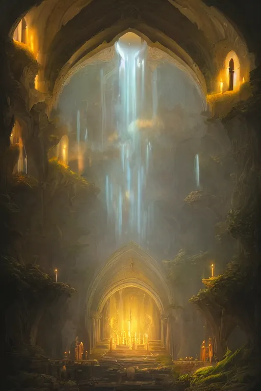 Prompt: Detailed Interior of Monastery Ruins, Waterfall walls, light of god, light shafts, candles, stunning atmosphere, in Style of Peter Mohrbacher, cinematic lighting