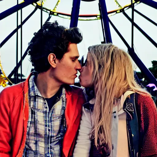 Image similar to john mayer on a ferris wheel making out with his model girlfriend in the middle of an amusement park. people have their families with them. it was the most awkward scene to ever happen to them. cinematic 8 k