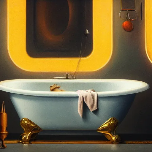 Image similar to cute caracal in bathtub, extremely detailed masterpiece, oil on canvas, low-key neon lighting, artstation, Blade Runner 2049, Roger Deakin’s cinematography, by J. C. Leyendecker and Peter Paul Rubens and Edward Hopper and Michael Sowa