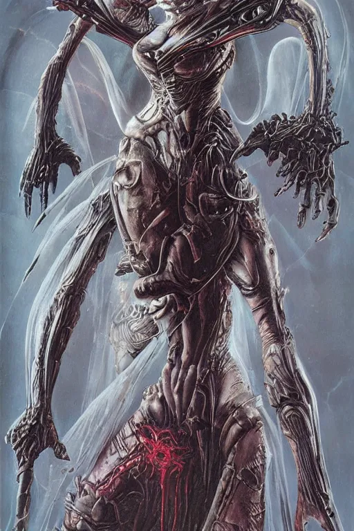 Image similar to portrait of samus metroid by hr giger and wayne barlowe as a diablo, dark souls, bloodborne monster, veiled necromancer lich bride