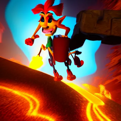 Image similar to crash bandicoot riding pegasus flying through a ring of fire, photo realistic, dramatic cinematic lighting, octane render, 4k, ultra detailed,