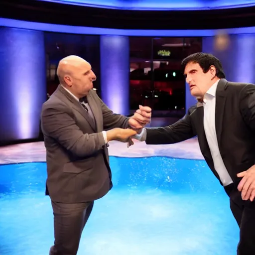 Prompt: Lighstaber duel between Kevin O'Leary and Mark Cuban, in Shark Tank (2016)