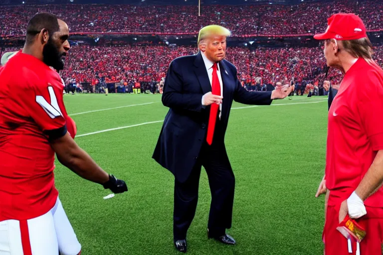 Prompt: r kelly referee giving red card to donald trump in football game