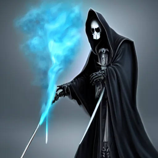 Image similar to a grim reaper with a monitor for a face. the monitor has a blue screen with white letters on it. the cloak is made of smoke with glowing code sprinkled throughout it. the blade of the sickle is a stick of ram. fantasy art