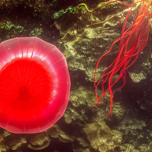 Prompt: a beautiful translucent red cellophane jellyfish in a translucent cellophane kelp forest