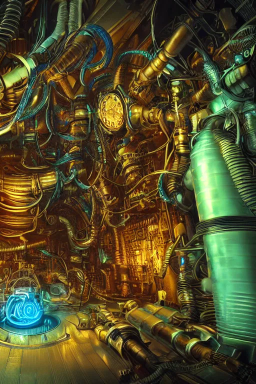 Image similar to cyberpunk octopus, glowing vacuum tubes, symmetric realistic digital art, 3 d render of two huge futuristic steampunk generators inside a huge steampunk engine, 8 k, fluorescent colors, halluzinogenic, multicolored, exaggerated detailed, unreal engine