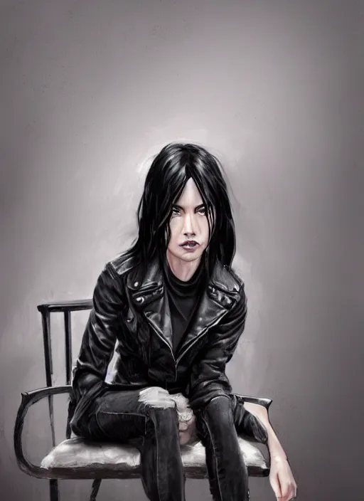 Image similar to an angry thoughtful woman with black hair and a leather jacket and a grey shirt, sitting on a chair in a run down hotel room, muscular upper body, abs, gritty, intricate, elegant, highly detailed, digital painting, artstation, smooth, sharp focus, illustration, unreal engine 5, face enhance, masterpiece