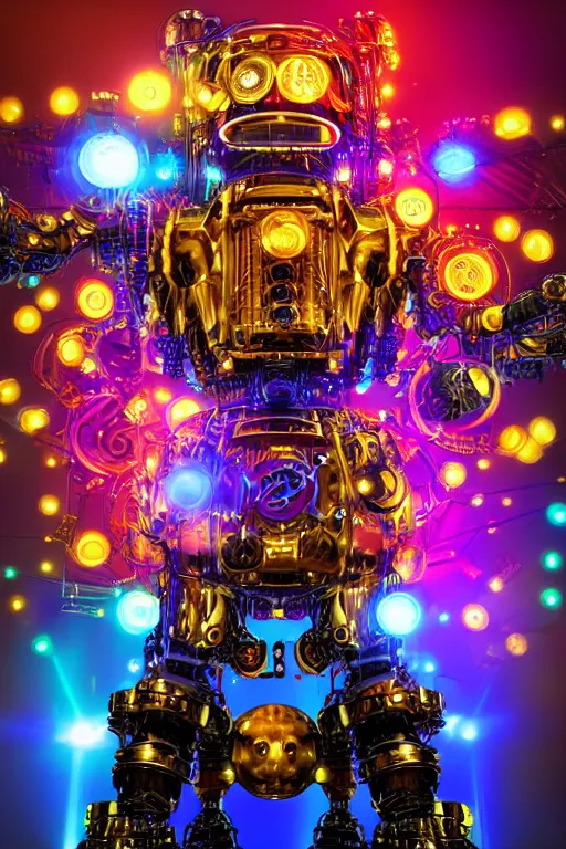 Image similar to portrait photo of a giant huge golden and blue metal futuristic steampunk robot covered with multicolored big gears and tubes, eyes are glowing red lightbulbs, robot plays on a huge electric steampunk guitar, shiny crisp finish, 3 d render, 8 k, insaneley detailed, fluorescent colors, background is multicolored lasershow